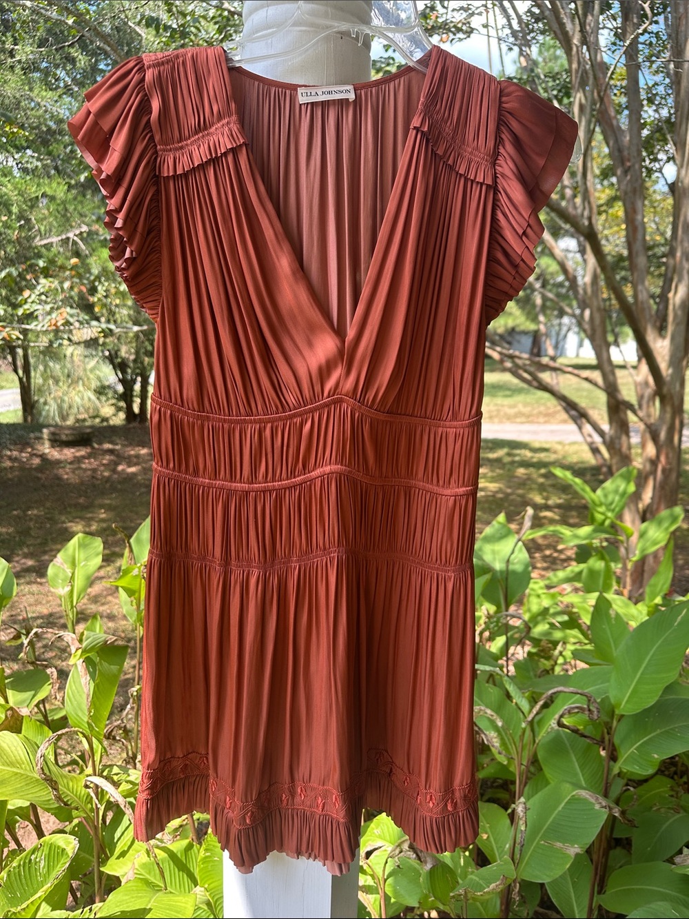 Ulla Johnson Rust Red Pleated V-Neck Mini Dress